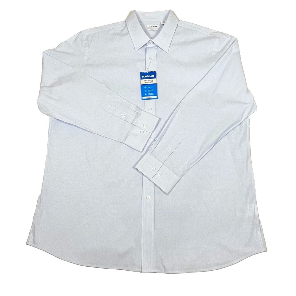 Haggar Men's Dress Shirt 18-18.5 36/37 Blue White Stripe Classic Fit NWT Stretch